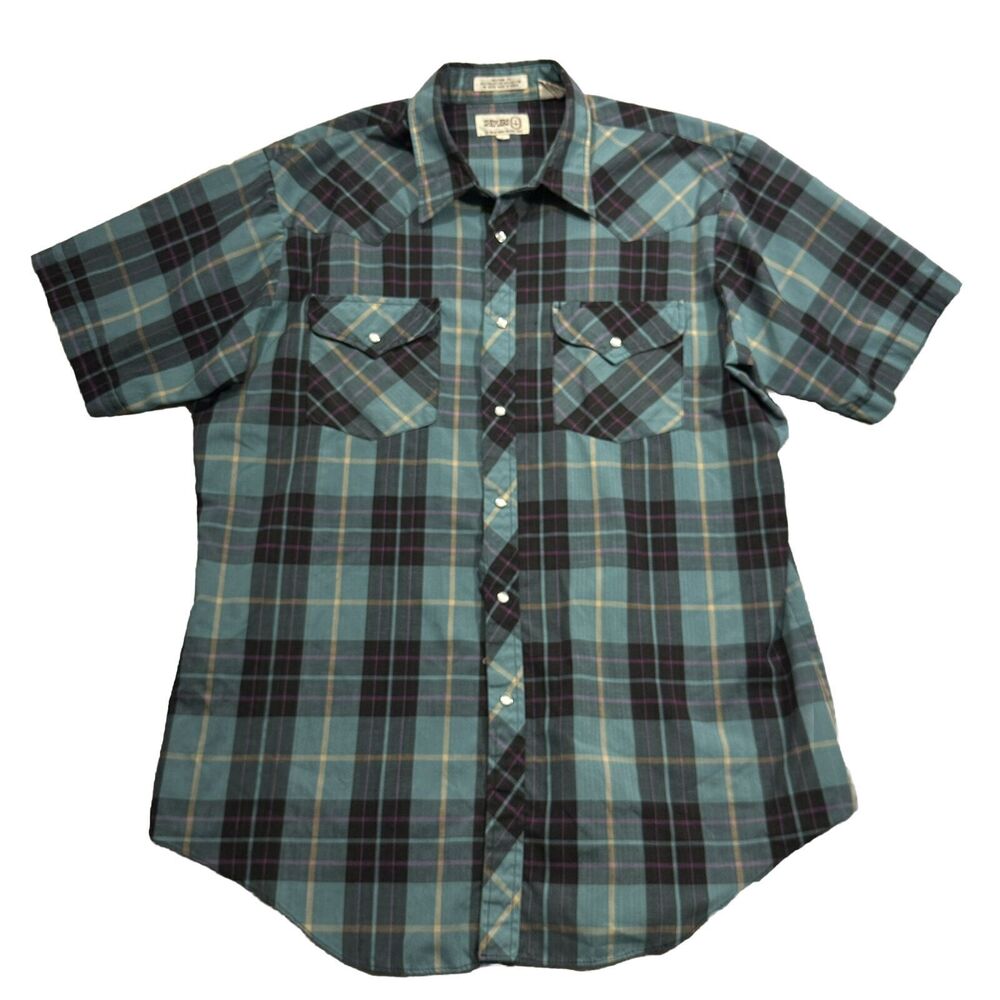 Sheplers Shirt Mens Large Green Plaid Western Pearl Snap‎ Short Sleeve Pockets